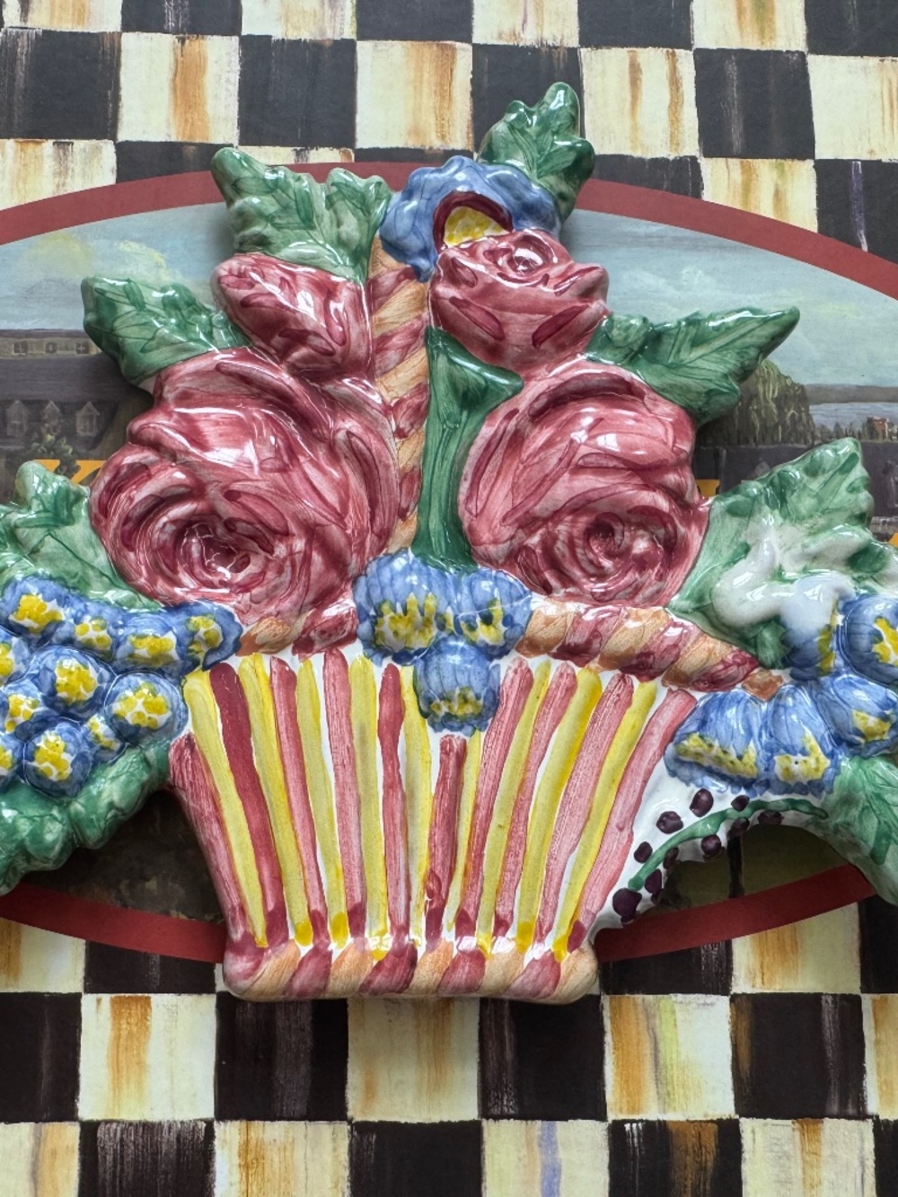 Mackenzie Childs  Courtly Check Floral Flat 6.5” FLOWER BASKET Trinket Dish New